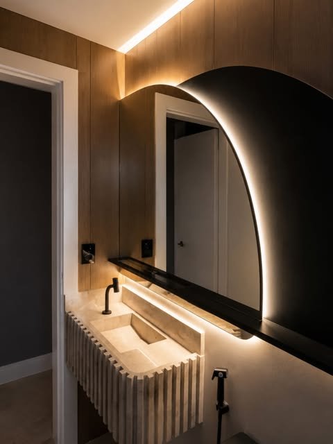 Lavabo com espelho iluminado e instalação elétrica